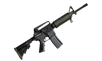 Modern Assault Rifle on white background: A detailed studio shot of a sleek, modern assault rifle, showcasing its design and functionality against a pure background, ready for action.