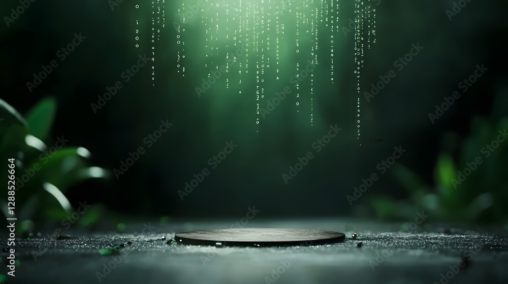 Poster captivating digital scene featuring a cascading matrix of green code flowing from the edges of a dar