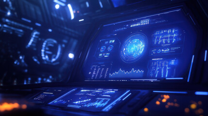 Obraz premium Futuristic workspace with holographic interface and data visualization