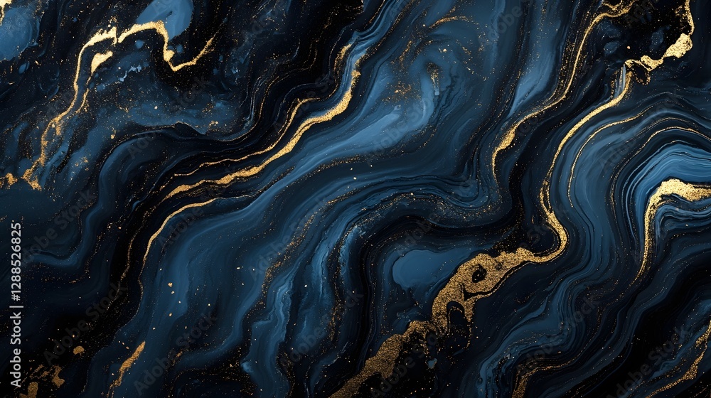 Poster Visually captivating abstract artwork featuring fluid swirling patterns and marbled textures in a rich dark color palette with accents of gleaming gold  This design evokes a sense of movement depth