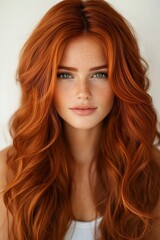 Fototapeta premium Portrait of attractive young redhead woman with freckles showing long, healthy hair