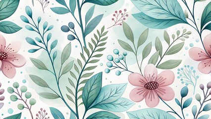Seamless digital floral pattern with soft pastel colors and botanical elements on a light background
