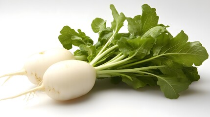 Two White Radishes With Green Leaves Laying On White Surface