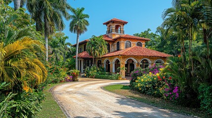 Obraz premium Italianate mansion with orange tiled roof on winding drive, lush tropical greenery