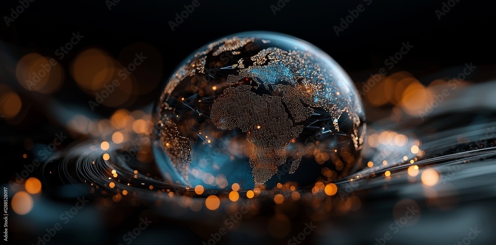 Aufkleber hologram of a glowing blue polygonal globe set against a dark background, created using 3d rendering