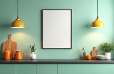 Blank white frame hangs on kitchen wall. Modern interior design with wooden frame, yellow lamps, green wall, plant, wooden kitchenware, cooking tools on table. Contemporary room design. Scandinavian