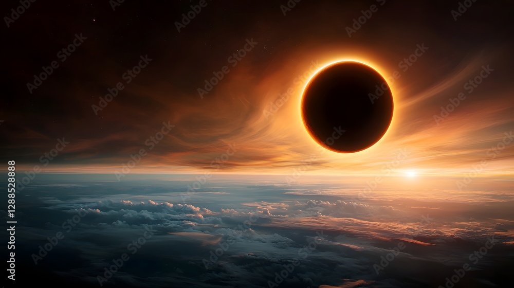 Poster captivating image of a solar eclipse glowing on the horizon surrounded by a stunning golden corona l