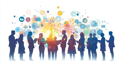 Creative Business Collaboration Concept with Colorful Word Cloud and Diverse Silhouettes