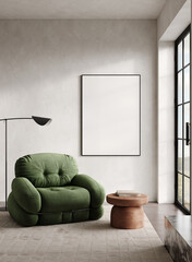 Modern classic white beige interior with large green armchair, framed picture and carpet...