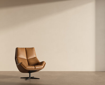 Modern minimalist interior with a tan leather swivel chair against a neutral beige wall. Soft natural lighting creates a warm, elegant, and contemporary atmosphere