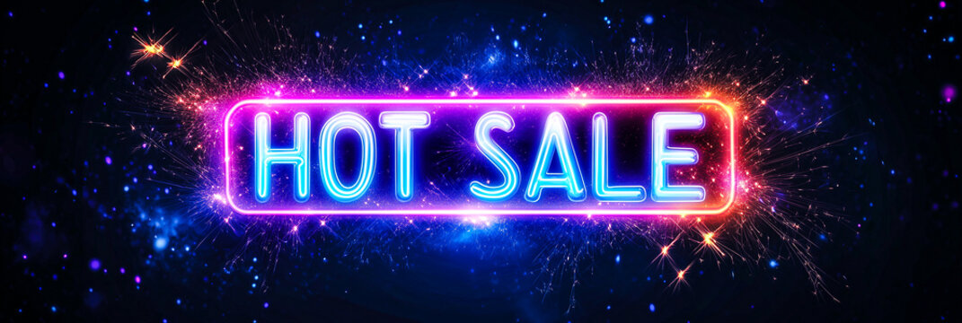 glowing neon sign with text 'HOT SALE' and bright sparks on dark blue background, concept of shopping, retail marketing, e commerce