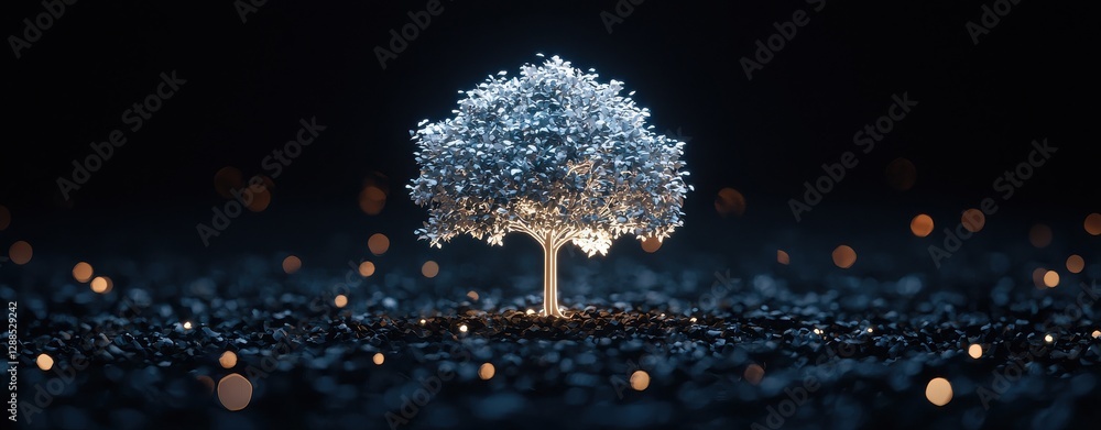 Poster a luminous tree made of glowing particles stands against a dark background, creating a magical and e
