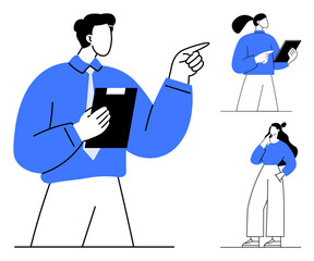 Three team members with clipboards discuss and plan. Ideal for teamwork, collaboration, project management, leadership, communication, brainstorming, strategy. Abstract line flat metaphor