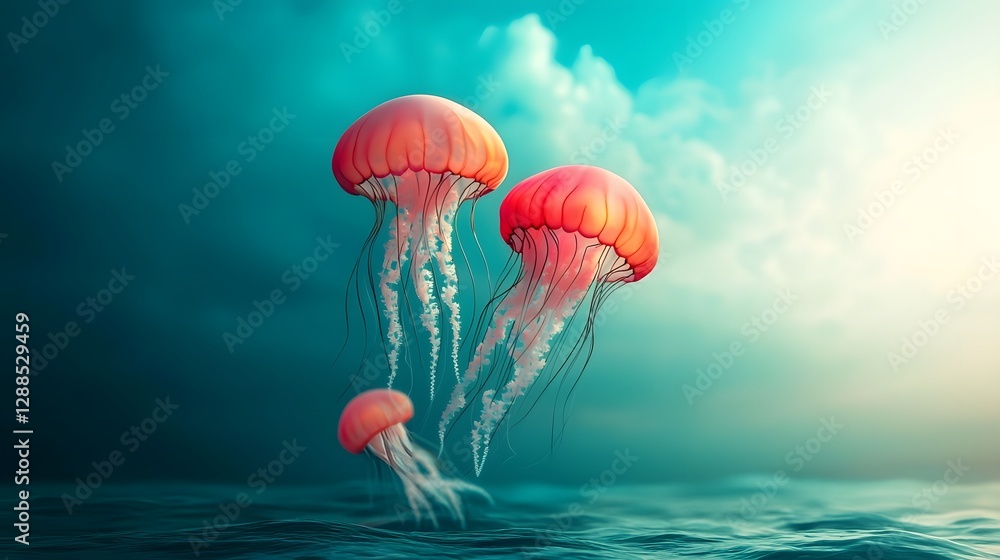 Poster captivating image of mesmerizing jellyfish emitting a bioluminescent glow creating a dreamy ethereal