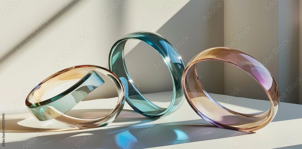 Poster a 3d rendering of a glass or crystal ring from various angles, featuring an abstract geometric shape