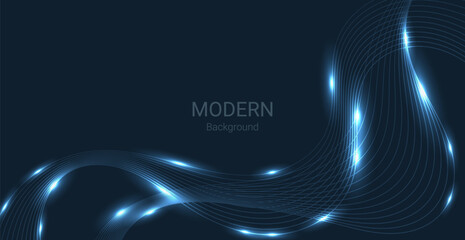 Neon Blue Wave Lines On Black Background With Copy Space. Technology Banner. Vector Illustration. Abstract Business Wallpaper