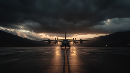 Dark Clouds Over Military Aircraft Silhouette at Sunset on Runway