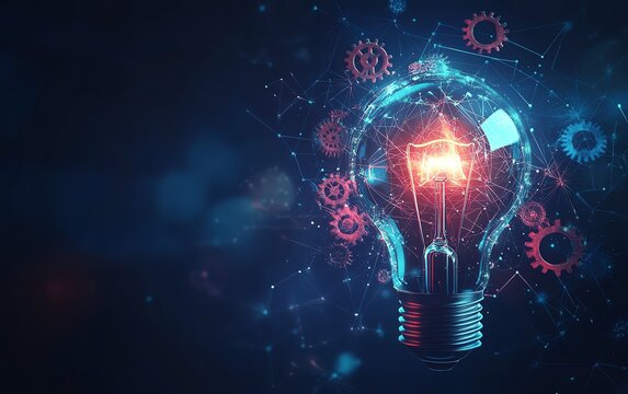 Lightbulb shining with futuristic innovation, gears and cogwheels representing business strategy, hightech design, creative technology, digital illustration