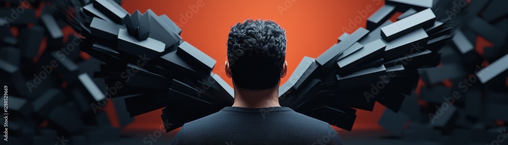 Poster a person stands with their back to the viewer, surrounded by abstract, block-like structures against