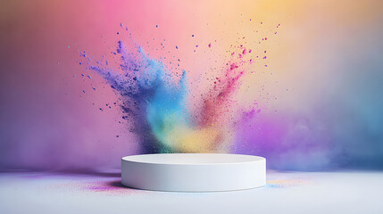 Colorful explosion of vibrant powder against a gradient background, with a white cylindrical podium in the foreground