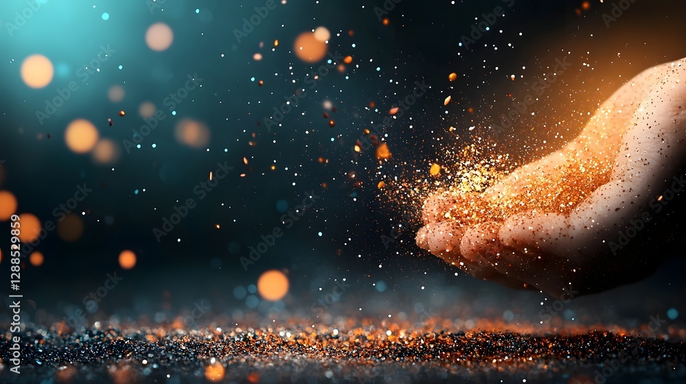 Poster captivating image of subtle glittering dust particles floating and sparkling in a dark luxurious bac