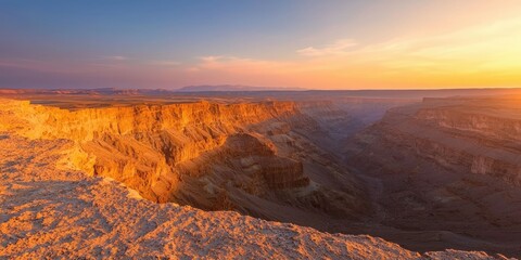 A stunning sunset illuminates the canyon, highlighting its rugged textures and dramatic landscape, creating a breathtaking view of nature's grandeur.