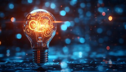 Creative lightbulb design with gears and cogwheels, symbolizing innovation, technology, and strategic business thinking, glowing futuristic concept, digital rendering