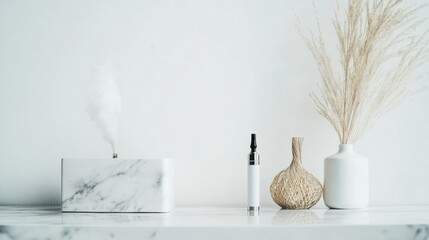 Vaping device on a white marble desk with a chic decorative piece. Featuring elegance and minimalism