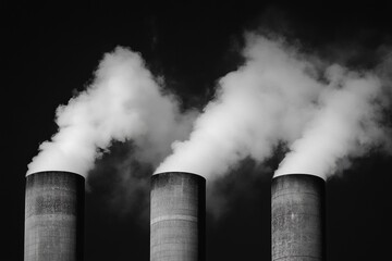 Close up of three prominent smokestacks emitting white steam against a clear sky background