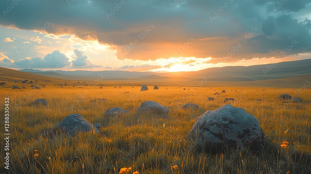 Poster sunset over grassy plain with rocks. possible use nature background