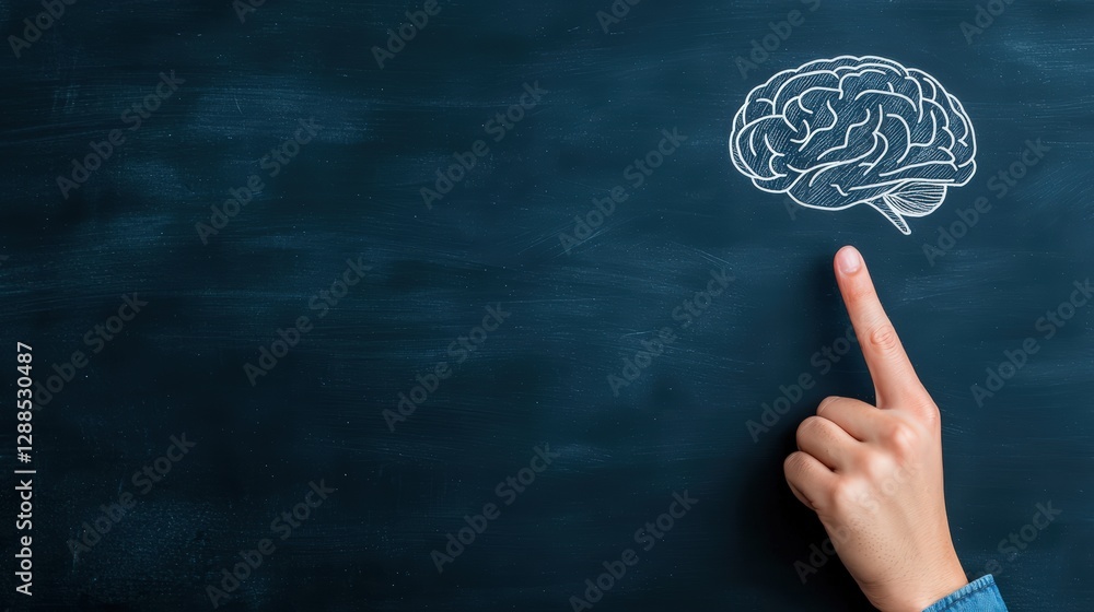 Poster a hand points at a brain drawing on a chalkboard, symbolizing learning, knowledge, and cognitive dev