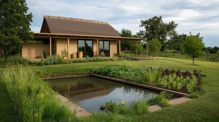 Obraz premium Tranquil Eco-Friendly Straw Bale House with Thatched Roof and Sustainable Features Surrounded by Organic Gardens and Pond, Photorealistic