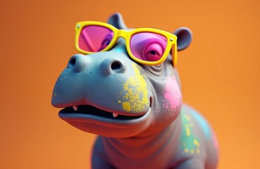 Grey hippopotamus with pink, yellow sunglasses on orange background. Digital artwork. Comical, fun, trendy style. Cheerful hipster character with colorful spots. Modern animal portrait. Artificial