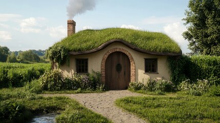 Tranquil Cob House by the Stream - Photorealistic 3D Illustration of Rustic Clay Home with Wooden Door and Stone Chimney