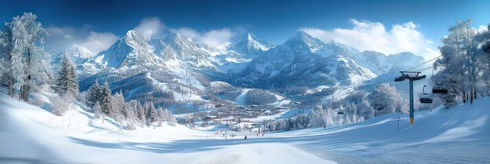Chairlift and groomed ski slopes in snow-capped mountains at a ski resort in the Alps. Austria