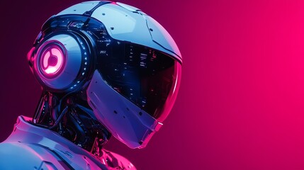 A robot with a helmet and headphones on a red background