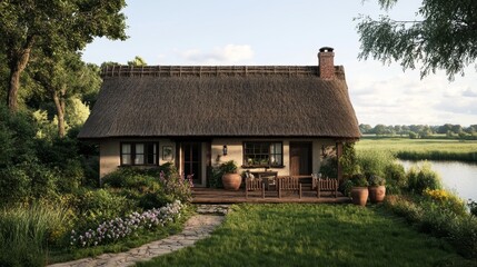 Serene Thatched Roof Straw Cottage by the River - Rustic Timber-Framed House with Clay Pots and Outdoor Seating Area, Peaceful Nature Setting | Photorealistic