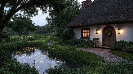 Obraz premium Enchanting Fairytale Thatched Cottage at Twilight with Pond Reflection - Photorealistic Illustration