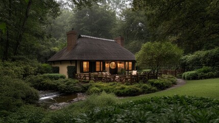Enchanting Thatched Roof Straw Cottage in Woodland Oasis with Rustic Charm and Serene Brook, Photorealistic Scene