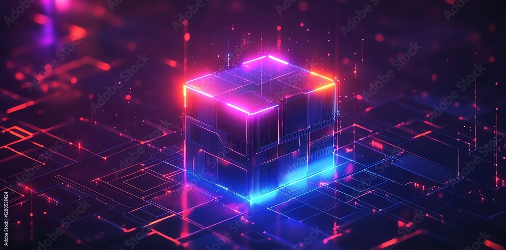 Poster illuminated cube with glowing circuitry creates a modern tech aesthetic