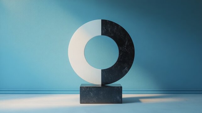 A black and white sculpture of an oval with a white circle in the middle