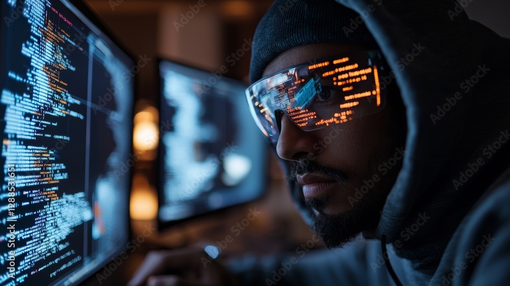 Poster envision a talented cyberpunk hacker situated in a futuristic world, enveloped by holographic interf