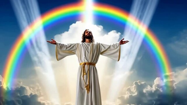 Jesus Christ in the clouds in heaven with open arms with rainbow effect The Savior of mankind 4K