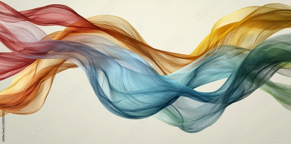 Poster a 3d rendering of a multi-colored, flowing, abstract, iridescent wave shape created using generative