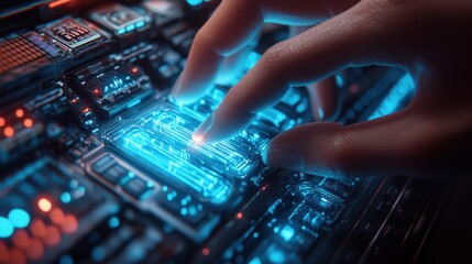Obraz premium Close-up of a human hand interacting with a glowing circuit board, showcasing technology and innovation