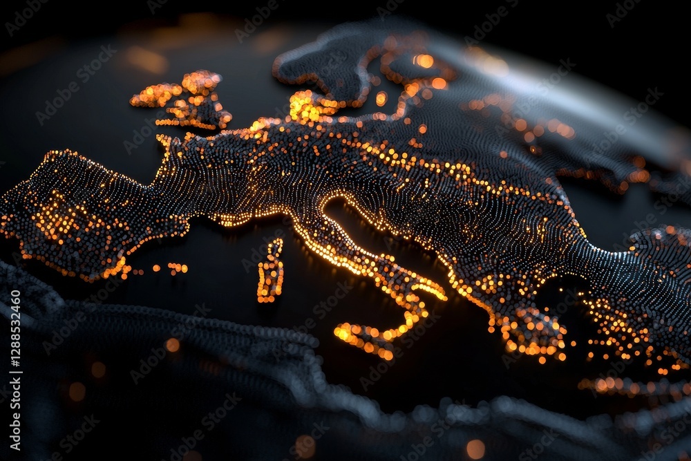 Poster a planet globe is encompassed by a network of neon lines, grids, and nodes, symbolizing technologica
