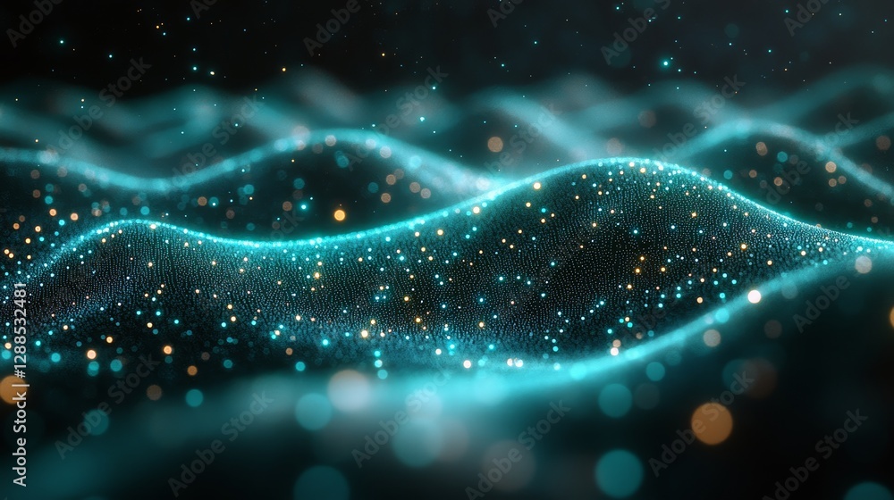 Poster Abstract digital wave with glowing particles and bokeh lights in teal and gold hues, futuristic technology concept