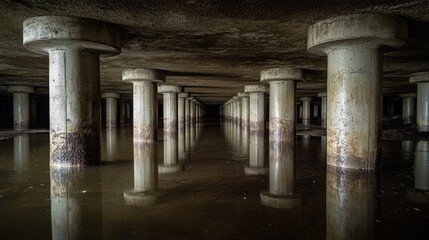 Concrete pillars reflecting in dark water.