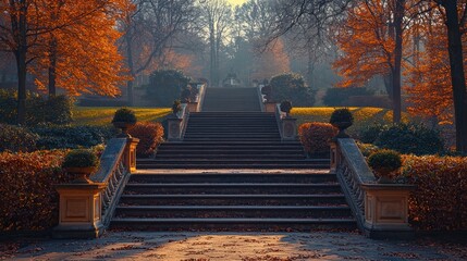 Grand stone staircase ascending through autumn park, sunlit trees, misty background