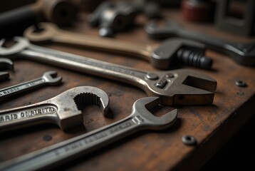 Fototapeta premium Collection of Various Wrenches and Tools on a Wooden Workbench in a Mechanical Workshop